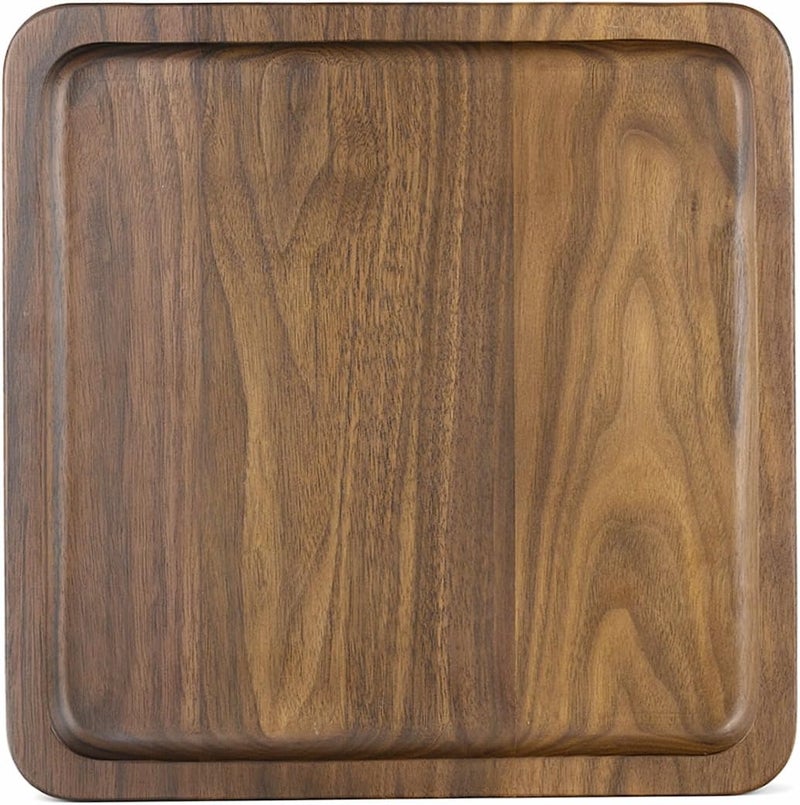 Winterworm Rustic Walnut Wooden Tray Solid Wood Serving Tray Square Rectangle Platter Tea Tray Coffee Table Tray Large Square with Grooves11x11x1inch - Image 1