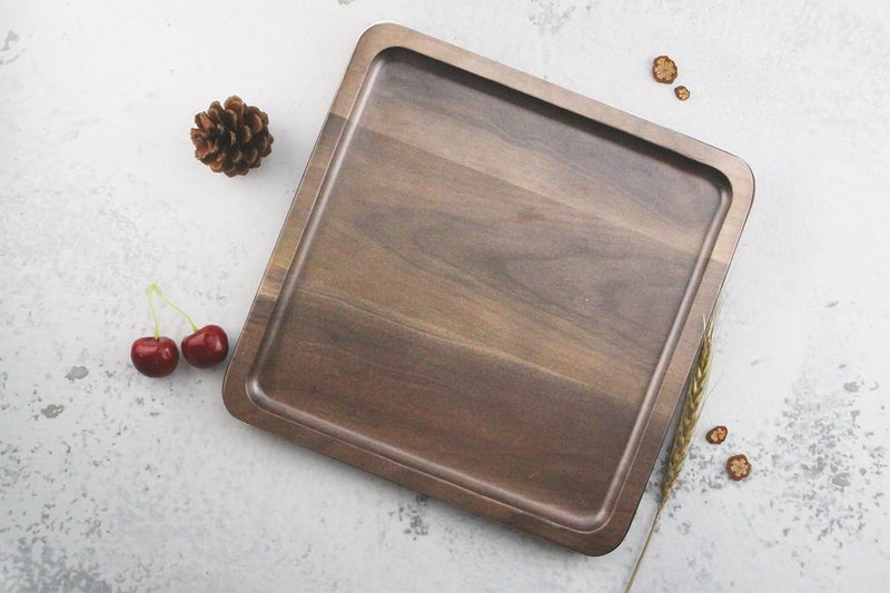 Winterworm Rustic Walnut Wooden Tray Solid Wood Serving Tray Square Rectangle Platter Tea Tray Coffee Table Tray Large Square with Grooves11x11x1inch - Image 4