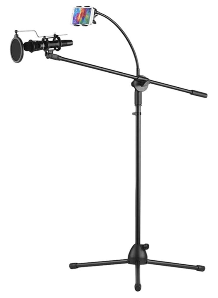 erorex 30-50 inches Metal Microphone Floor Stand with Boom Arm 360 Degree Rotating Phone Holder for iPhone/Samsung/More Mic Clip - Image 1