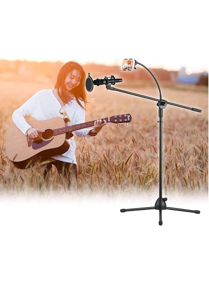 erorex 30-50 inches Metal Microphone Floor Stand with Boom Arm 360 Degree Rotating Phone Holder for iPhone/Samsung/More Mic Clip - Image 5