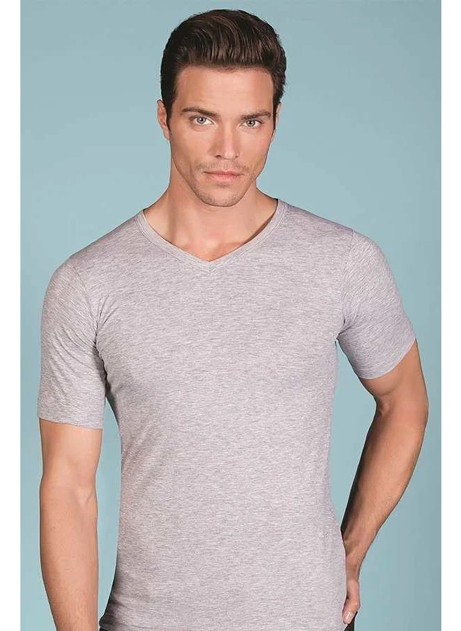 Berrak Clear V Neck Lycra Single Jersey Combed Cotton Men's Athlete - 1027-Grey