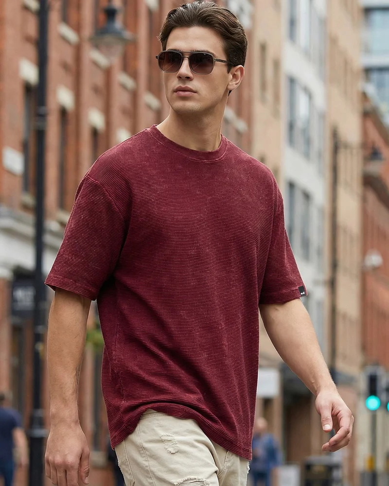 bewakoof Men's Tawny Port Maroon Textured Oversized Acid Wash T-shirt