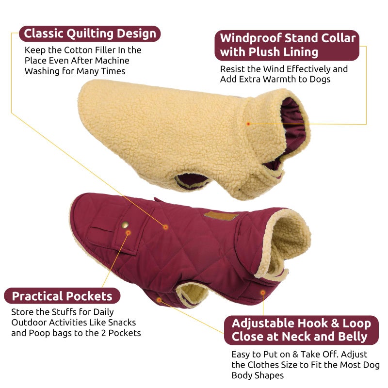 Queenmore Dog Winter Coat Warm Puffer Jacket Waterproof Plush Lining Thermal Cold Weather Vest for Small Medium Large Dogs, Windproof Easy On Pet Jacket Burgundy XS - Image 2