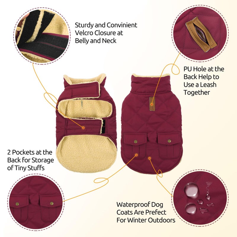 Queenmore Dog Winter Coat Warm Puffer Jacket Waterproof Plush Lining Thermal Cold Weather Vest for Small Medium Large Dogs, Windproof Easy On Pet Jacket Burgundy XS - Image 3