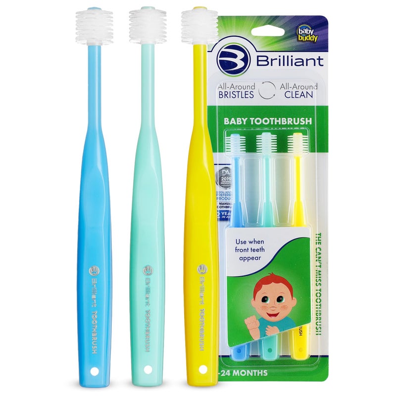 Brilliant Oral Care Baby Toothbrush with Soft Bristles and Round Head, for a Toddler Approved, Easy to Use All-Around Clean Mouth, 4-24 Months, When Front Teeth Appear, Blue Mint Yellow, 3 Pack - Image 1