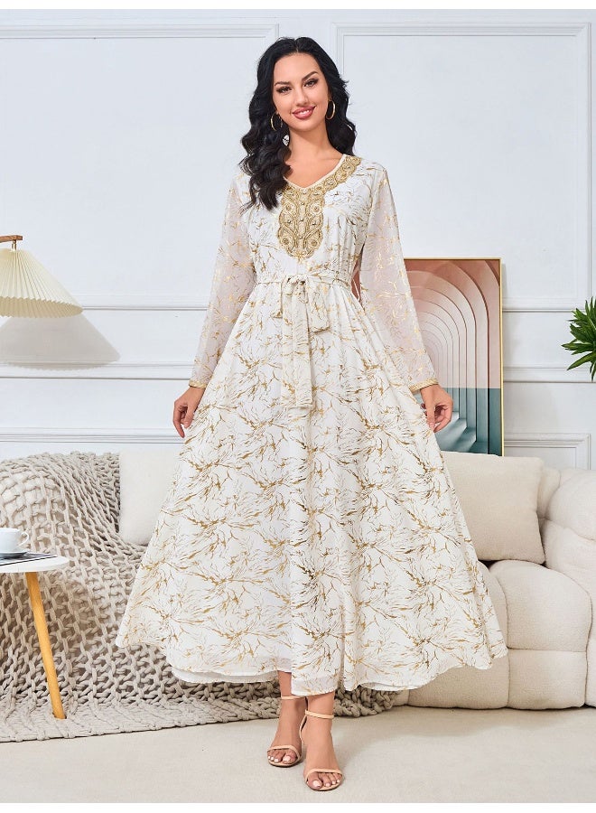 Madam Uniq White Long Sleeve V-Neck Muslim Maxi Dress  - Image 1