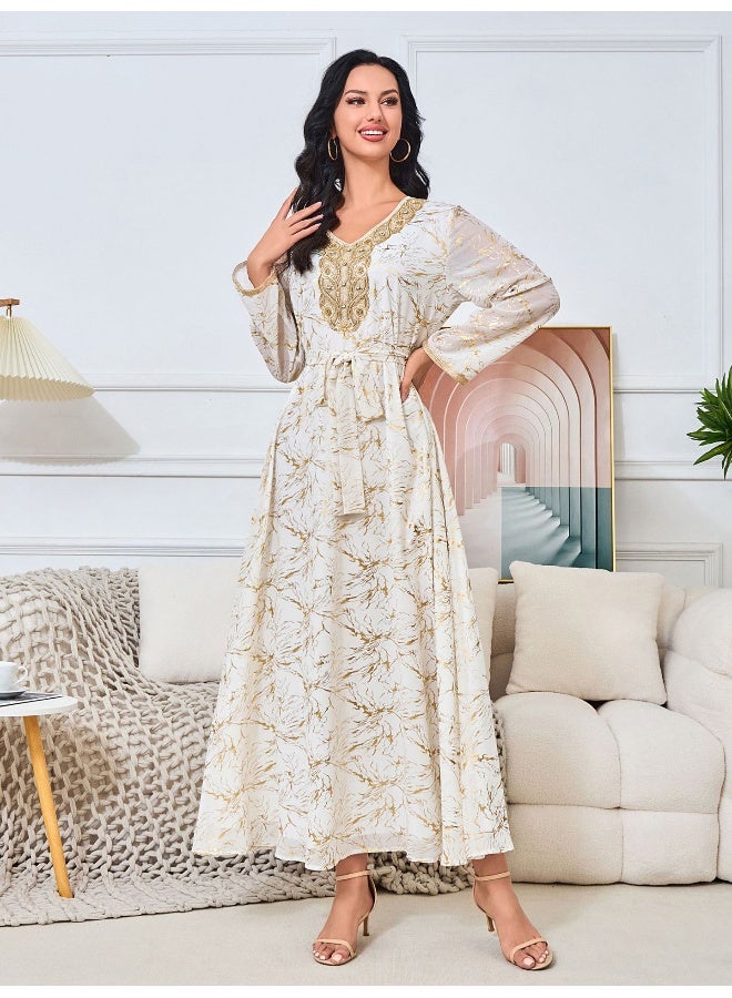 Madam Uniq White Long Sleeve V-Neck Muslim Maxi Dress  - Image 5