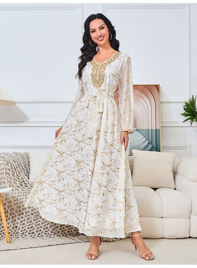 Madam Uniq White Long Sleeve V-Neck Muslim Maxi Dress  - Image 4