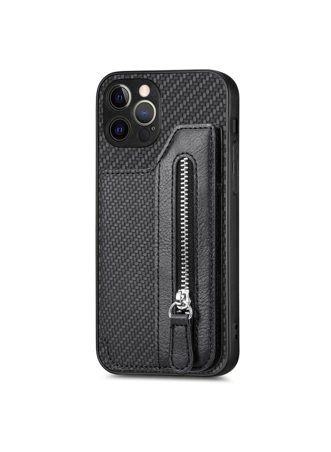 Zaboon Case For iPhone 12 Pro Carbon Fiber Horizontal Flip Zipper Wallet Phone Case - Image 2