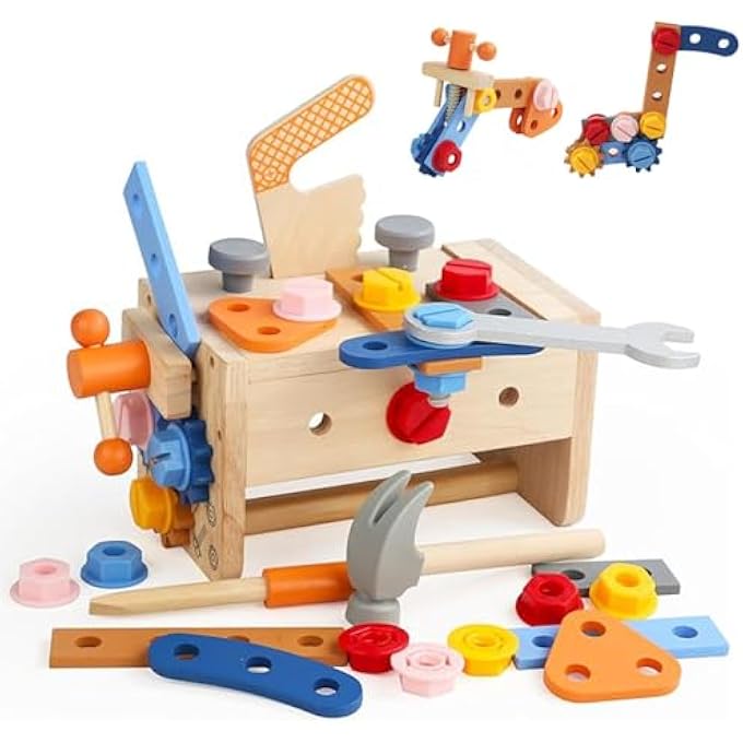 KIDS TOOL SET WITH APRON, WOODEN TODDLER TOOL BENCH MONTESSORI TOYS FOR 3+YEAR OLD 21 PCS EDUCATIONAL STEM CONSTRUCTION TOY FOR AGES 3-5 PRETEND PLAY TODDLER TOYS 3 4 5 YEAR OLD BIRTHDAY GIFT - Image 2