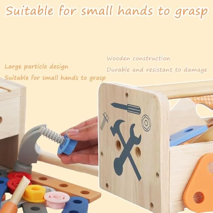 KIDS TOOL SET WITH APRON, WOODEN TODDLER TOOL BENCH MONTESSORI TOYS FOR 3+YEAR OLD 21 PCS EDUCATIONAL STEM CONSTRUCTION TOY FOR AGES 3-5 PRETEND PLAY TODDLER TOYS 3 4 5 YEAR OLD BIRTHDAY GIFT - Image 5