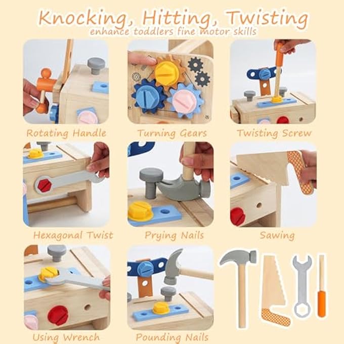 KIDS TOOL SET WITH APRON, WOODEN TODDLER TOOL BENCH MONTESSORI TOYS FOR 3+YEAR OLD 21 PCS EDUCATIONAL STEM CONSTRUCTION TOY FOR AGES 3-5 PRETEND PLAY TODDLER TOYS 3 4 5 YEAR OLD BIRTHDAY GIFT - Image 3
