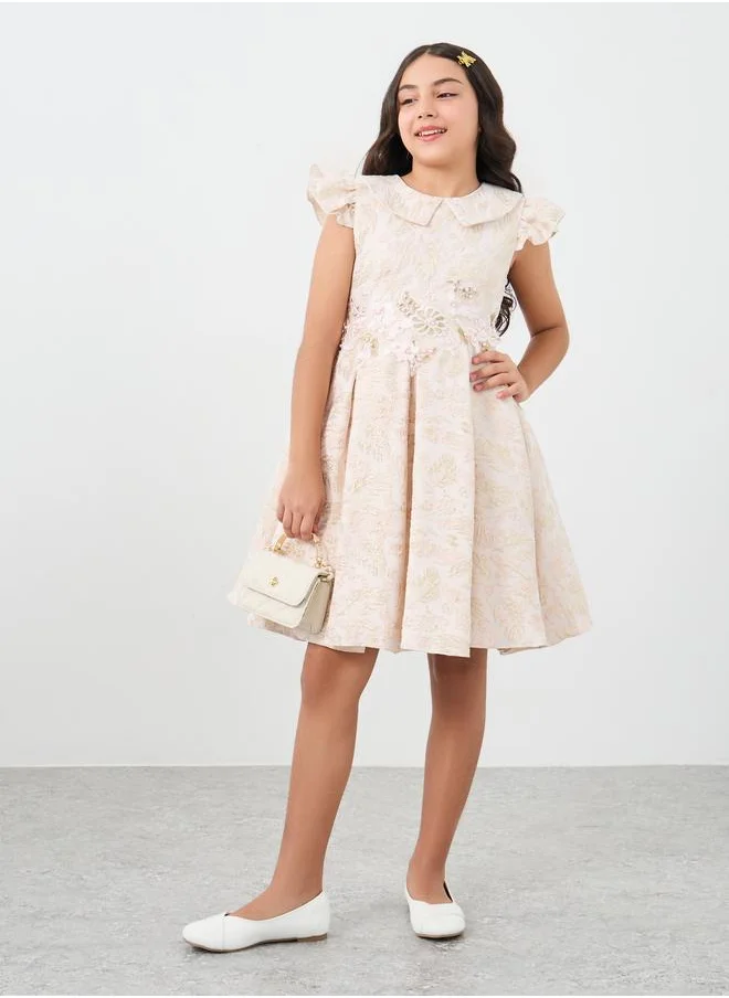 Styli Styli Girls Jacquard Box Pleated Dress with Waist Embellishment