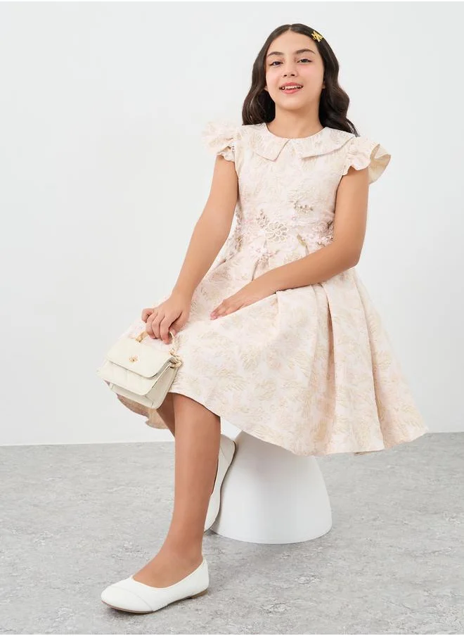 Styli Styli Girls Jacquard Box Pleated Dress with Waist Embellishment