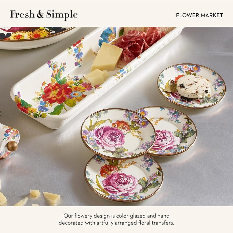 mackenzie childs MACKENZIECHILDS Set of 4 Enamel Appetizer Plates Mini Dessert Plates 5 Inches White Flower Market - Image 3