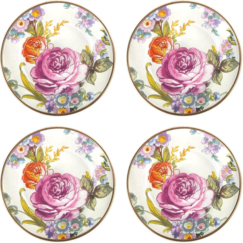 mackenzie childs MACKENZIECHILDS Set of 4 Enamel Appetizer Plates Mini Dessert Plates 5 Inches White Flower Market - Image 1