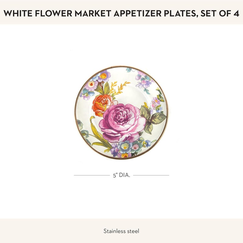 mackenzie childs MACKENZIECHILDS Set of 4 Enamel Appetizer Plates Mini Dessert Plates 5 Inches White Flower Market - Image 4