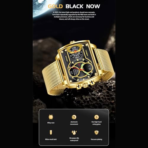 Weicam Luxury Men Square Dial Digital Watch Lumious Waterproof Analog Quartz Wrist Watch Dual Display Business Watch (Black) - Image 5
