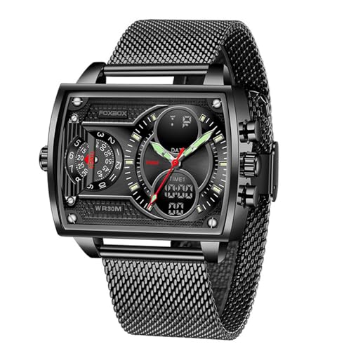Weicam Luxury Men Square Dial Digital Watch Lumious Waterproof Analog Quartz Wrist Watch Dual Display Business Watch (Black) - Image 1