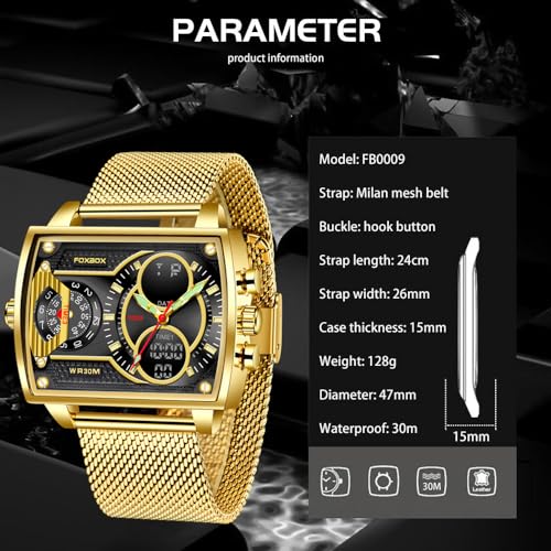 Weicam Luxury Men Square Dial Digital Watch Lumious Waterproof Analog Quartz Wrist Watch Dual Display Business Watch (Black) - Image 3