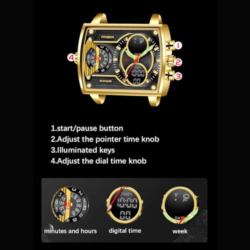 Weicam Luxury Men Square Dial Digital Watch Lumious Waterproof Analog Quartz Wrist Watch Dual Display Business Watch (Black) - Image 2