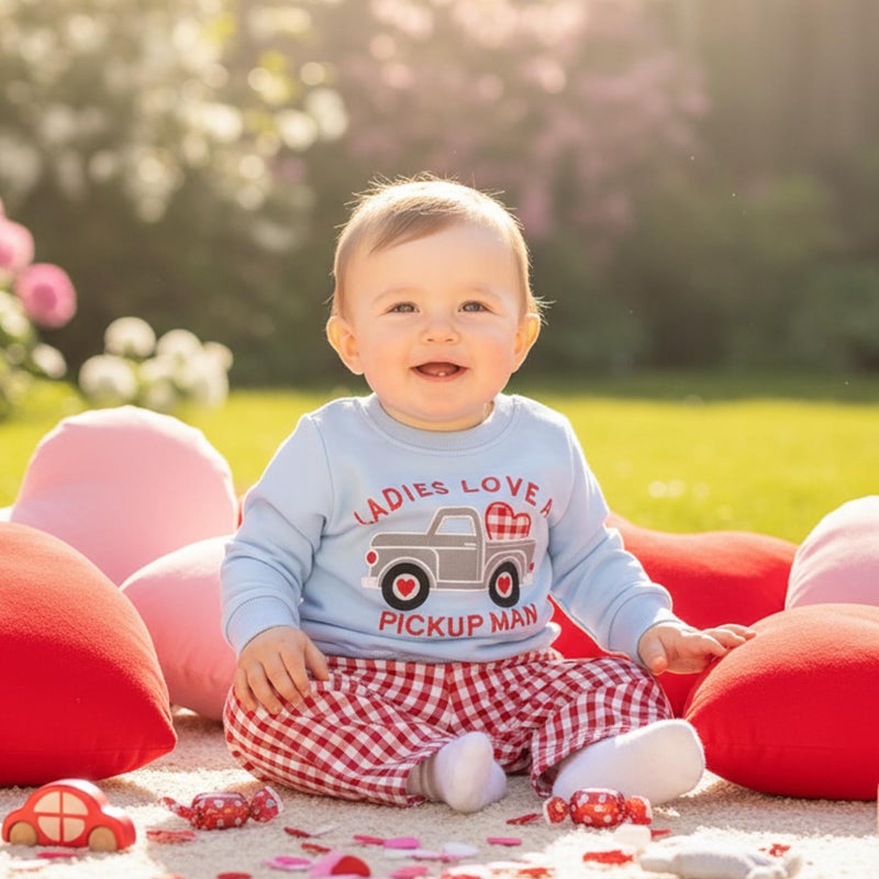 JLKGICF Toddler Boy Valentines Day Outfit Truck Heart Print Sweatshirt Plaid Pants Set Baby Girl Boy Love Clothes (Blue Truck Heart, 2-3T) - Image 2