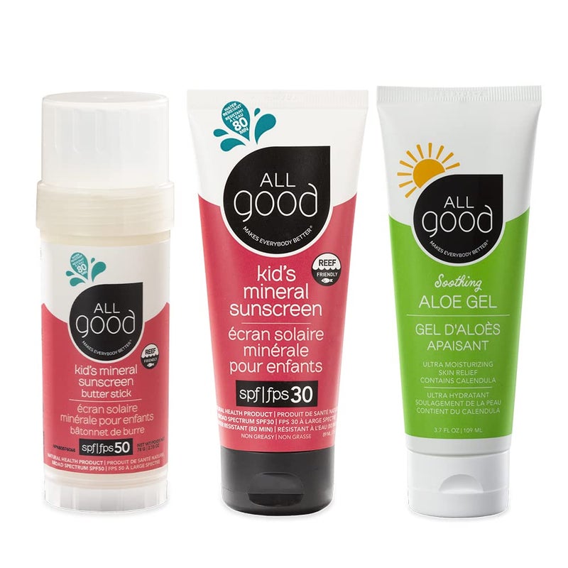 All Good Makes Everything Better All Good Kids & Baby Mineral Sunscreen & Aloe Gel Bundle - UVA/UVB Broad Spectrum, Water Resistant, Zinc Oxide - Includes (1) SPF 50 Butter Stick, (1) SPF 30 Lotion, & (1) Aloe Gel
