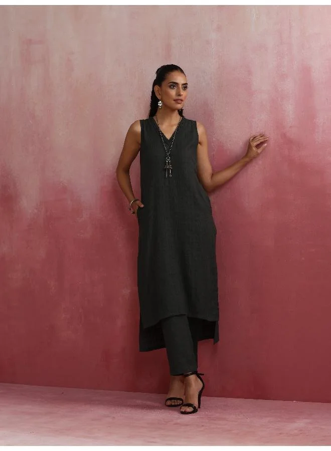 trueBrowns Dark Olive Green Cotton Dobby Kurta Set