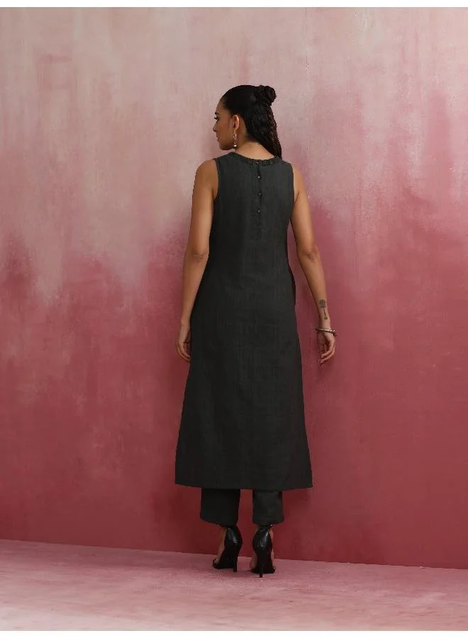 trueBrowns Dark Olive Green Cotton Dobby Kurta Set