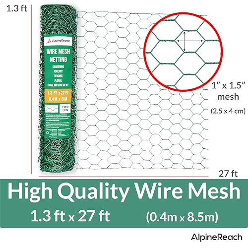 AlpineReach Chicken Wire 1.3ft x 27ft Fencing for Poultry, Crafts, Floral Arrangements, Zip Ties - Green Mesh Roll Galvanized Hexagonal PVC Coated Garden Netting for Gardening Fence (15.6" x 324") - Image 2