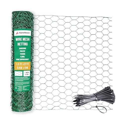 AlpineReach Chicken Wire 1.3ft x 27ft Fencing for Poultry, Crafts, Floral Arrangements, Zip Ties - Green Mesh Roll Galvanized Hexagonal PVC Coated Garden Netting for Gardening Fence (15.6" x 324") - Image 1