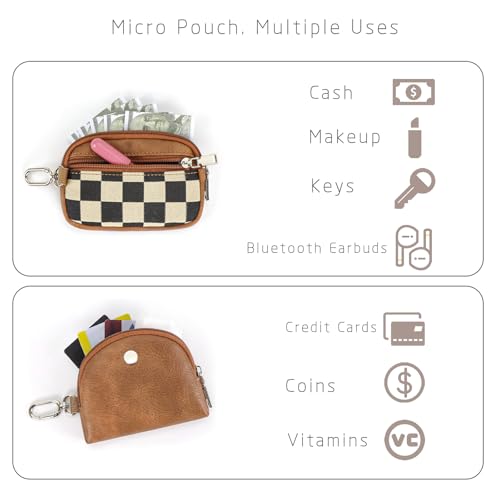 Eoribag Checkered Dual Pouch Keychain Wallet for Women, Small Mini Zip Leather Coin Purse with Wrist Strap,wristlet hangbags,Brown - Image 3
