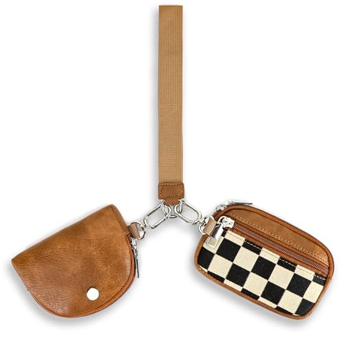 Eoribag Checkered Dual Pouch Keychain Wallet for Women, Small Mini Zip Leather Coin Purse with Wrist Strap,wristlet hangbags,Brown - Image 1