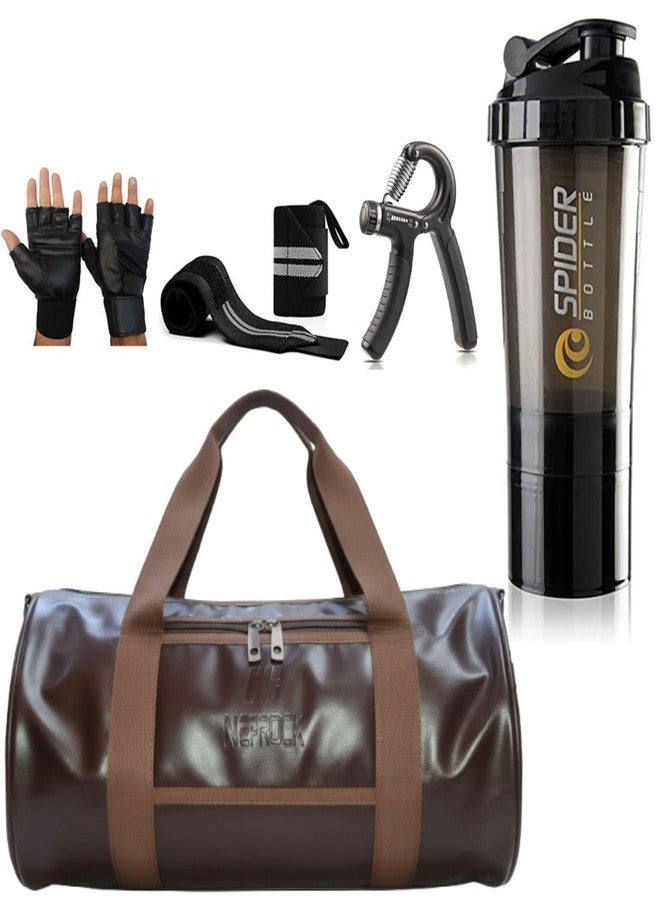 Neprock New Gym Bag Combo for Men Combo Set for Men and Women Workout - Boost Your Workout with My Gym Bag, Wrist Band & Gym Shaker Bottle || Shaker Bottle 500 ml || My GymBag for Fitness (Brown) - Image 1