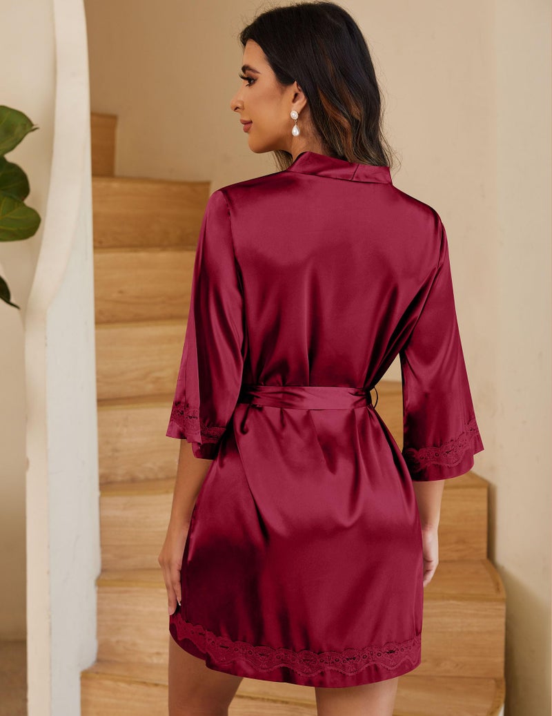 Ekouaer Women's Lace-Trim Silk Robes Bride Bridesmaid Kimono Satin Bathrobe V Neck Sleepwear with 3/4 Sleeve - Image 3