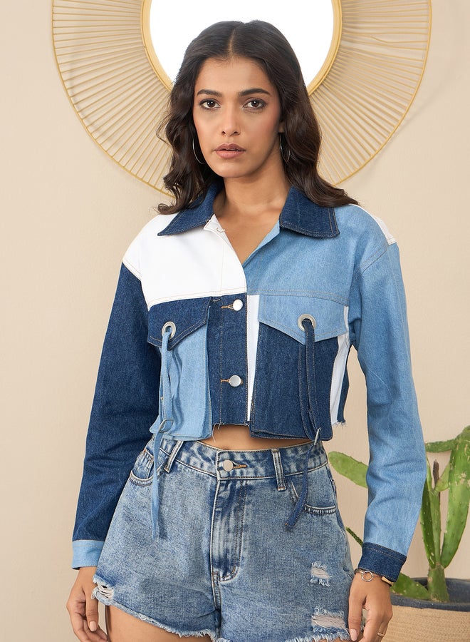 ستايل ستون سترة جينز قصيرة نسائية من ستايل ستون بألوان متداخلة - Image 4
