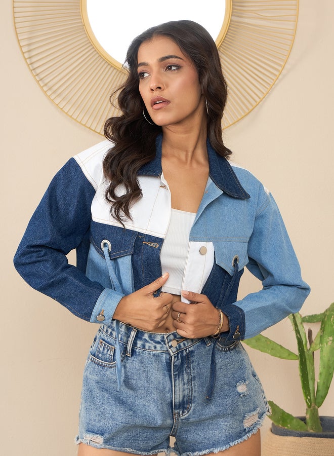 ستايل ستون سترة جينز قصيرة نسائية من ستايل ستون بألوان متداخلة - Image 1