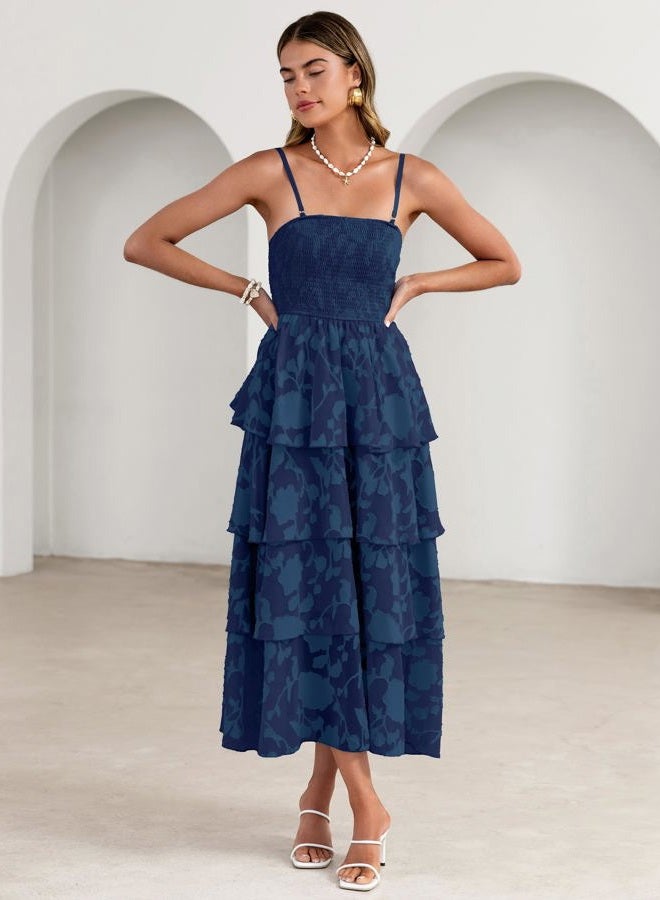 SIMPLEE Womens Summer Boho Smocked Maxi Dress 2026 Strapless Casual Sleeveless Off Shoulder Tiered Beach Long Sundress, Navy, M - Image 2