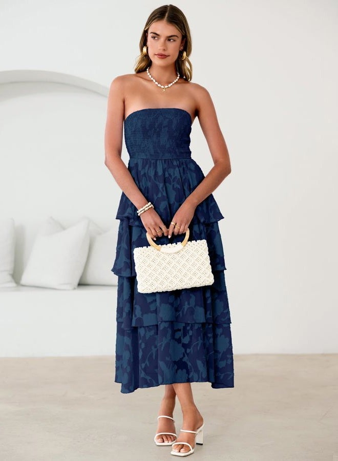 SIMPLEE Womens Summer Boho Smocked Maxi Dress 2026 Strapless Casual Sleeveless Off Shoulder Tiered Beach Long Sundress, Navy, M - Image 4