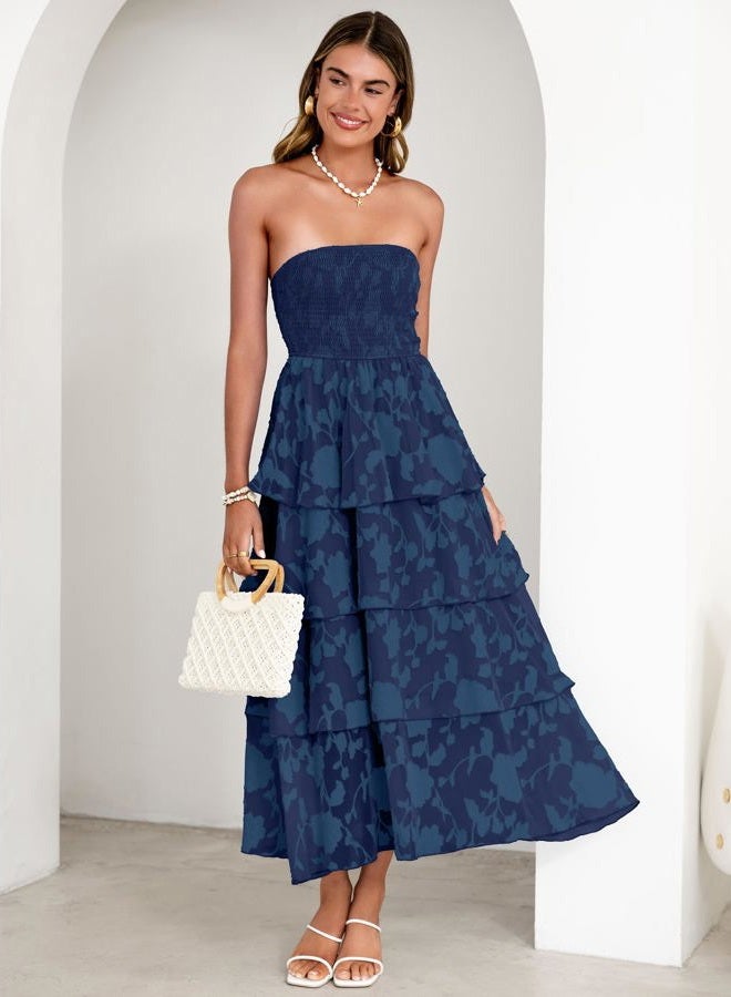 SIMPLEE Womens Summer Boho Smocked Maxi Dress 2026 Strapless Casual Sleeveless Off Shoulder Tiered Beach Long Sundress, Navy, M - Image 3