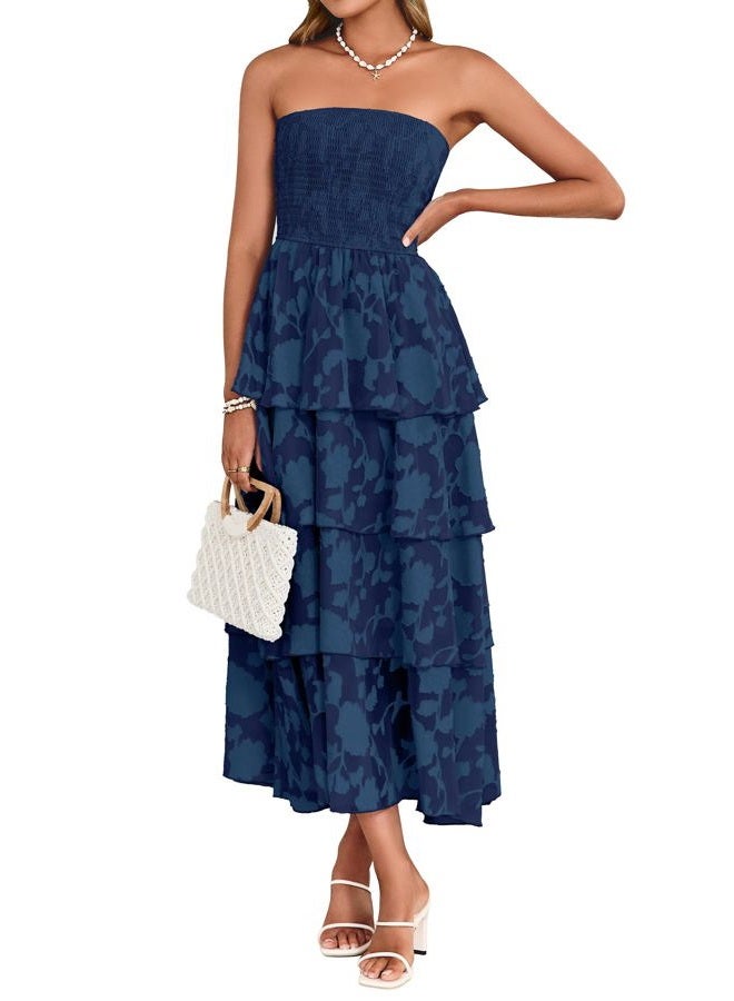 SIMPLEE Womens Summer Boho Smocked Maxi Dress 2026 Strapless Casual Sleeveless Off Shoulder Tiered Beach Long Sundress, Navy, M - Image 1