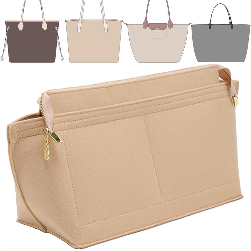 Doxo Purse Organizer Insert for Handbags, Felt Neverfull MM Organizer Insert with Cover, Tote Bag Organizer with Zipper Pocket and Bottle Holder, Fit Neverfull MM and More, Beige-L - Image 2