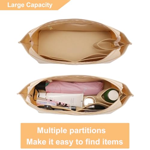 Doxo Purse Organizer Insert for Handbags, Felt Neverfull MM Organizer Insert with Cover, Tote Bag Organizer with Zipper Pocket and Bottle Holder, Fit Neverfull MM and More, Beige-L - Image 5