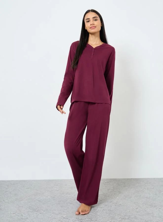 Styli Cotton V Neck Button Front T-Shirt and Wide Leg Pyjama Set