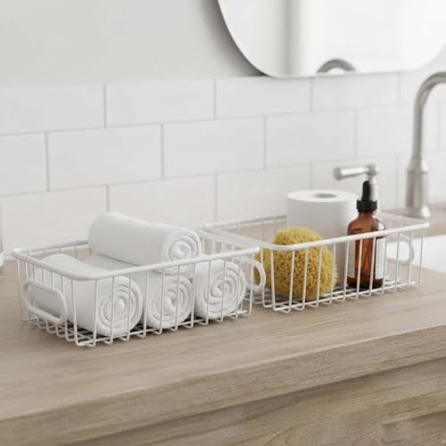 Bianco Multipurpose 10 Inch Metal Bathroom Storage Organizer Basket Bin Modern Wire Grid Design for Organization in Cabinets on Countertops Bedroom Kitchen Bathroom Garage Pack of 2 White - Image 1