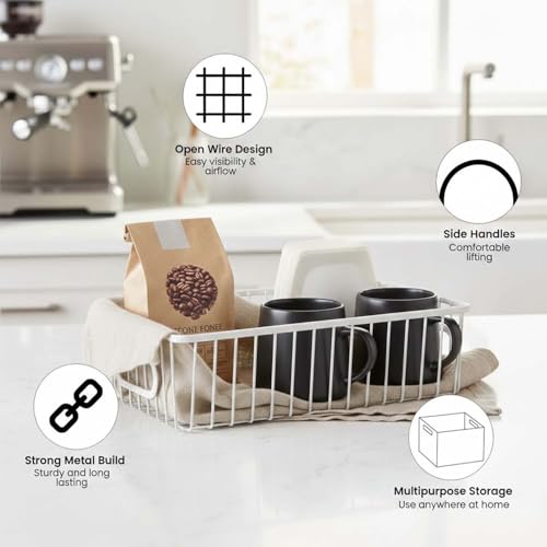 Bianco Multipurpose 10 Inch Metal Bathroom Storage Organizer Basket Bin Modern Wire Grid Design for Organization in Cabinets on Countertops Bedroom Kitchen Bathroom Garage Pack of 2 White - Image 2