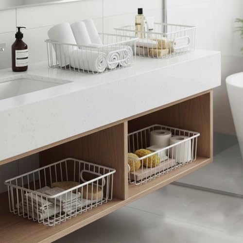 Bianco Multipurpose 10 Inch Metal Bathroom Storage Organizer Basket Bin Modern Wire Grid Design for Organization in Cabinets on Countertops Bedroom Kitchen Bathroom Garage Pack of 2 White - Image 5