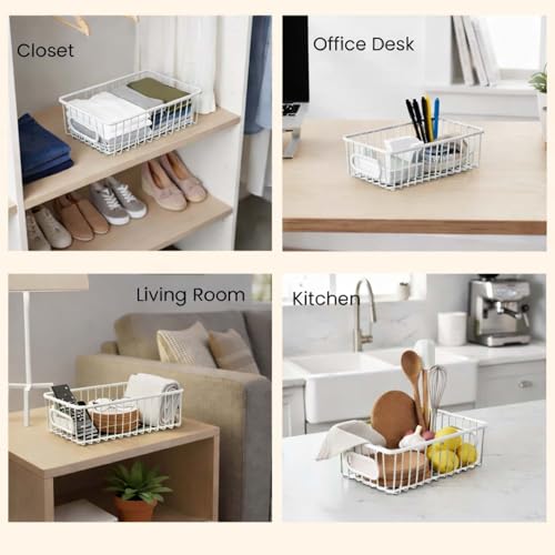 Bianco Multipurpose 10 Inch Metal Bathroom Storage Organizer Basket Bin Modern Wire Grid Design for Organization in Cabinets on Countertops Bedroom Kitchen Bathroom Garage Pack of 2 White - Image 4