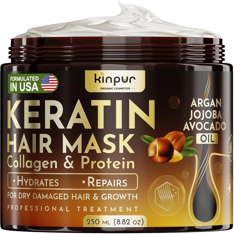 KINPUR ORGANIC COSMETICS Keratin Hair Mask for Dry, Damaged or Long Hair - Deep Conditioner Masque with Protein, Coconut, Jojoba & Avocado Oil â€“ Collagen Treatment for Hair Growth & Hydration, Split Ends Repair, Color-Safe - Image 1