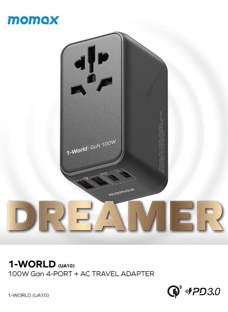 Momax UA10D 1-World 100W GaN 4 Ports + متعدد التوصيل محول السفر متعدد فولت 100-250V USB-C / USB-A - أسود - Image 3